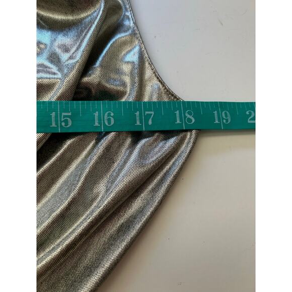Womens Shiny Metallic Bodysuit Medium Silver Faux Wrap Lace Sleeveless Snap USA - Picture 8 of 9
